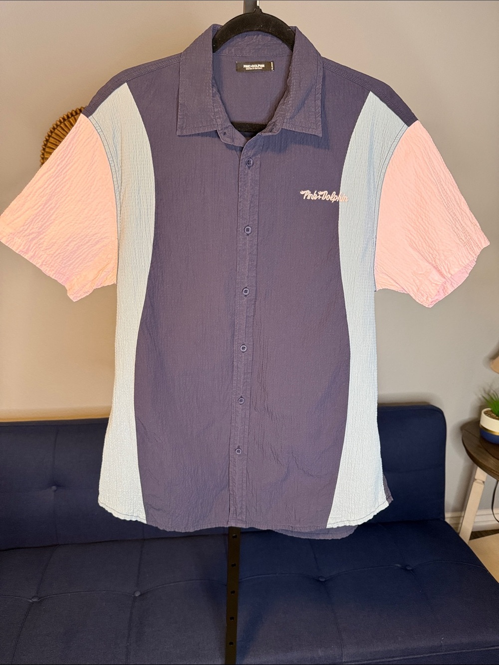 Pink Dolphin Short-Sleeve Colorblock Button-Down Wrinkle Effect Collared Shirt